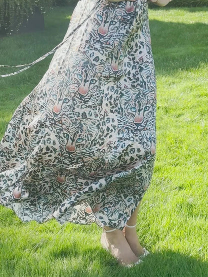Silk Keyhole Kaftan in Snow Leopard
