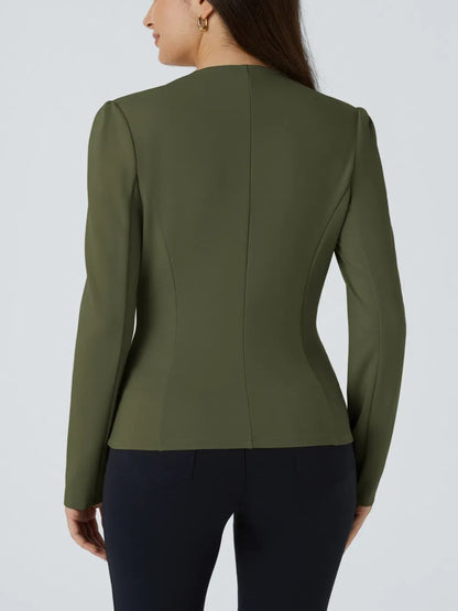 Round Neck Long Sleeve Decorative Button Slim Work Blazer