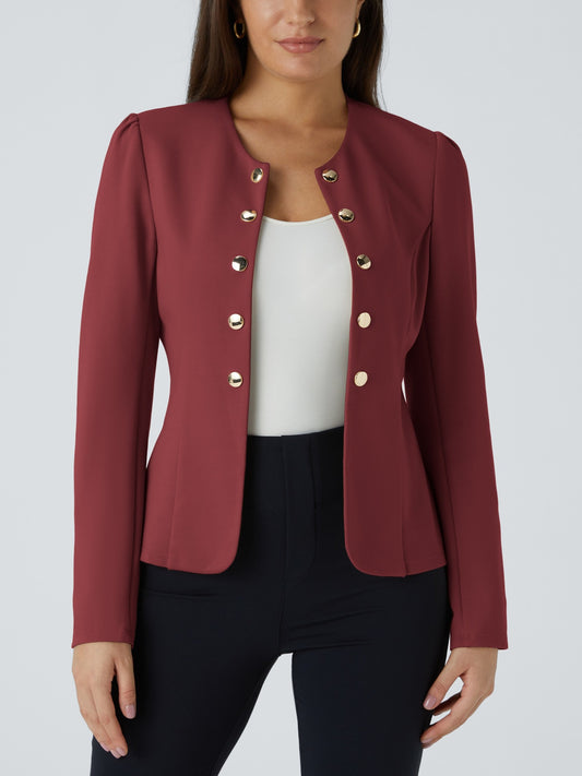 Round Neck Long Sleeve Decorative Button Slim Work Blazer