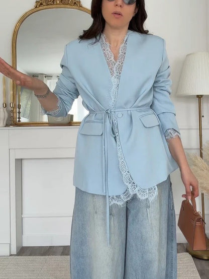 Lace Trim Belted Blazer