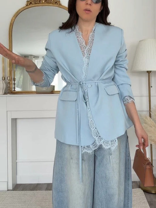 Lace Trim Belted Blazer