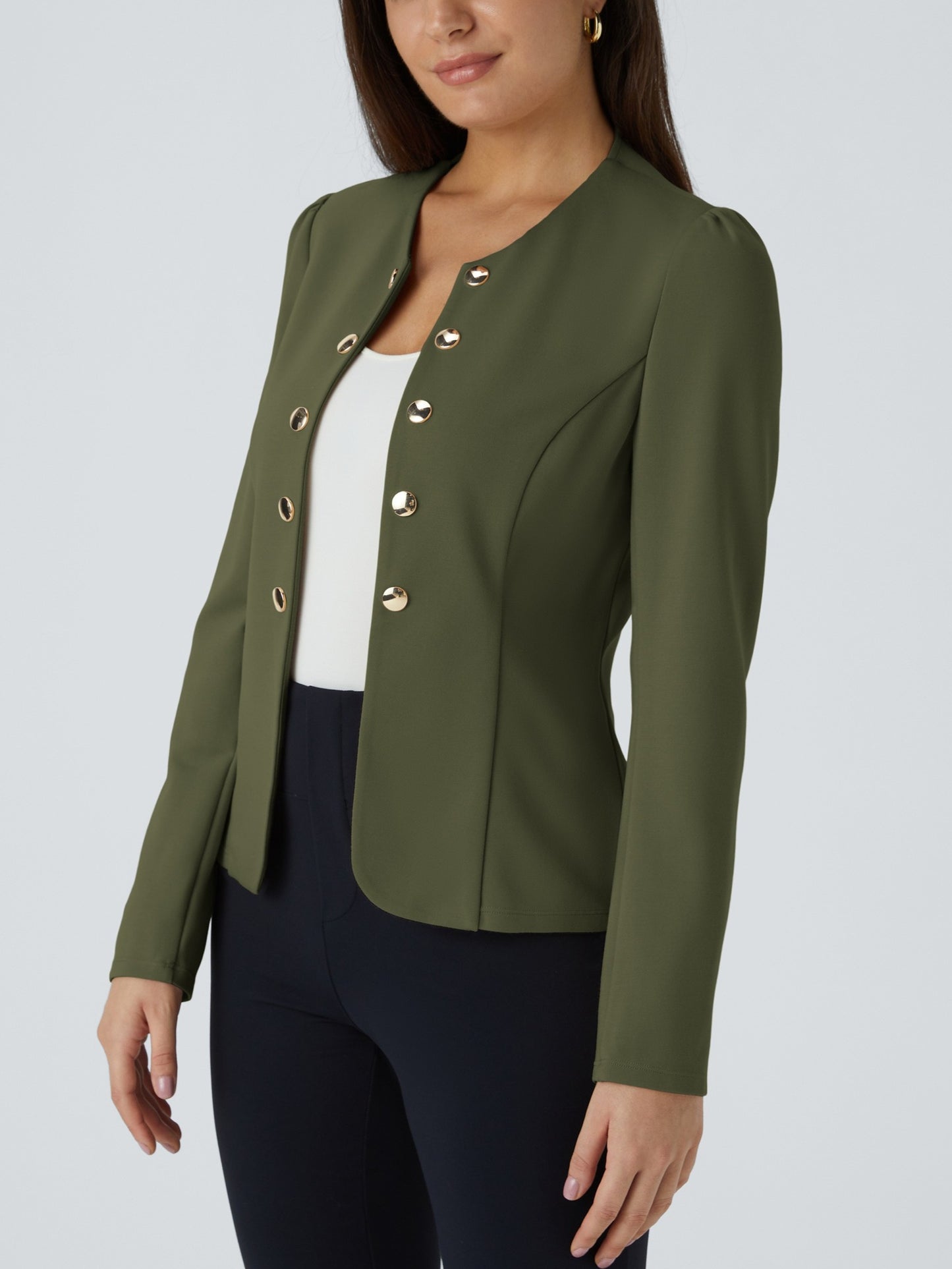 Round Neck Long Sleeve Decorative Button Slim Work Blazer
