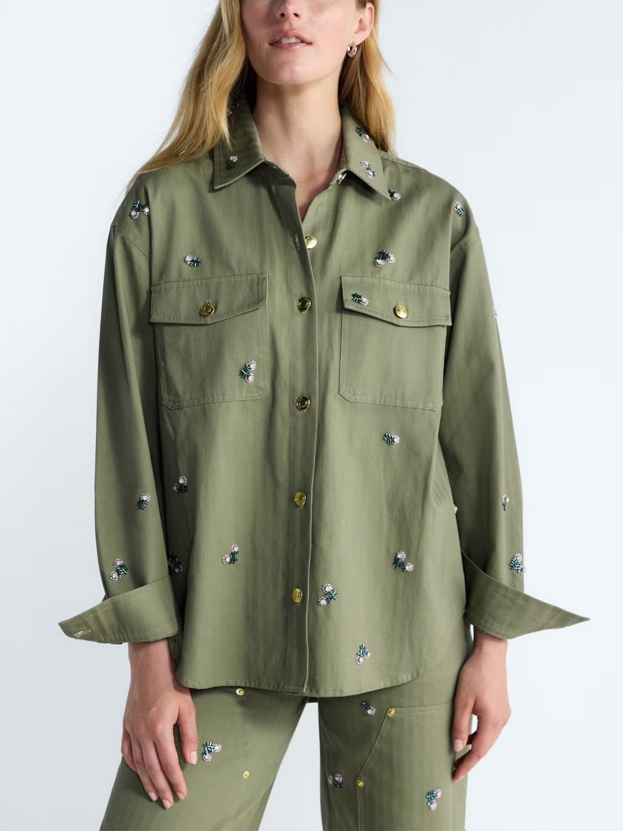 Free Assembly Women's and Women's Plus Embellished Cotton Utility Shirt with Long Sleeves