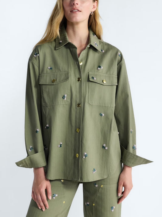 Free Assembly Women's and Women's Plus Embellished Cotton Utility Shirt with Long Sleeves