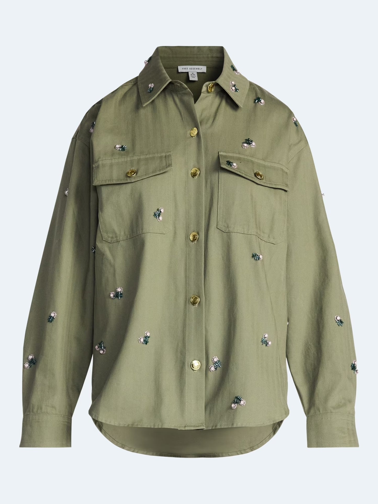 Free Assembly Women's and Women's Plus Embellished Cotton Utility Shirt with Long Sleeves