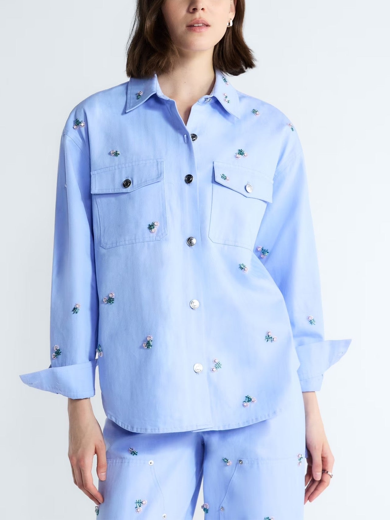 Free Assembly Women's and Women's Plus Embellished Cotton Utility Shirt with Long Sleeves