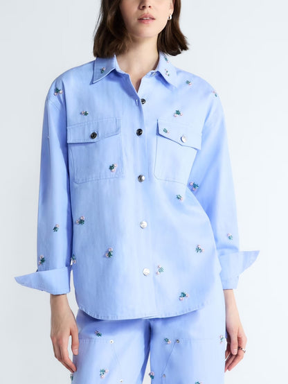 Free Assembly Women's and Women's Plus Embellished Cotton Utility Shirt with Long Sleeves