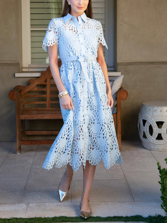 Robin Belted Short Sleeve Lace Midi Dress