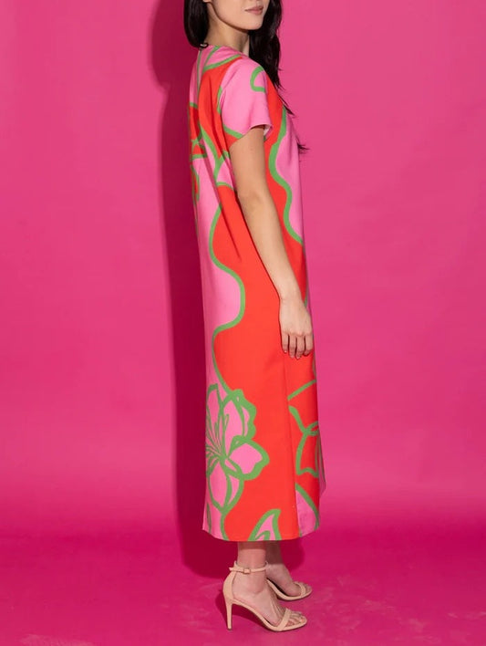 Bright Pink Retro Floral A-Line Mini Dress
