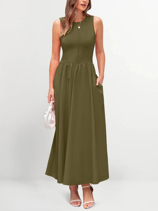 Mixed Media Cotton Blend Sleeveless Midi Dress