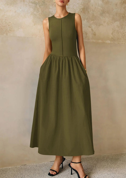 Mixed Media Cotton Blend Sleeveless Midi Dress