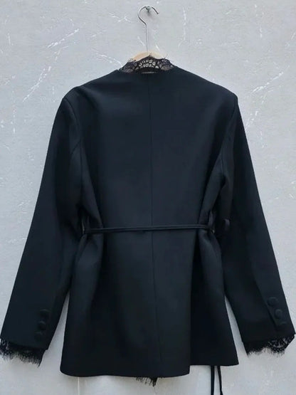 Lace Trim Belted Blazer