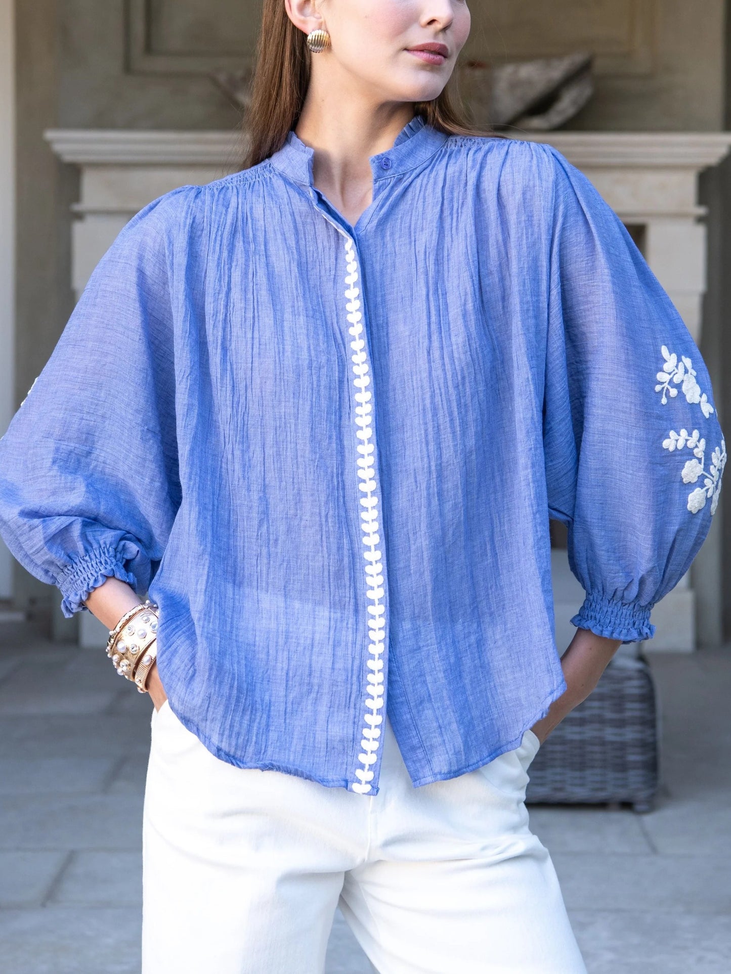 Marjorie Mock Neck Long sleeve Top with Embroidery