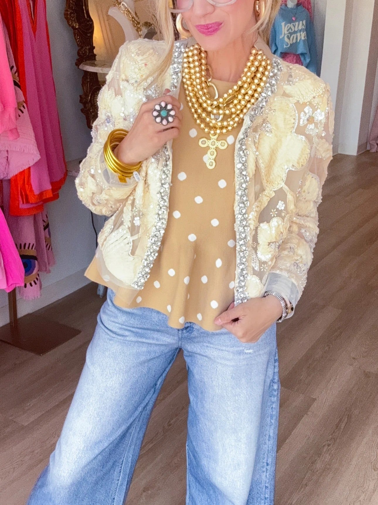 Ivory Rhinestone Detail Sheer Jacket