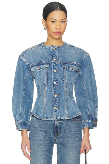 The Nipped Collarless Denim Jacket