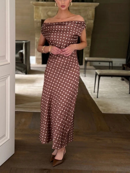 Chocolate Polka Dot Off The Shoulder Maxi Dress