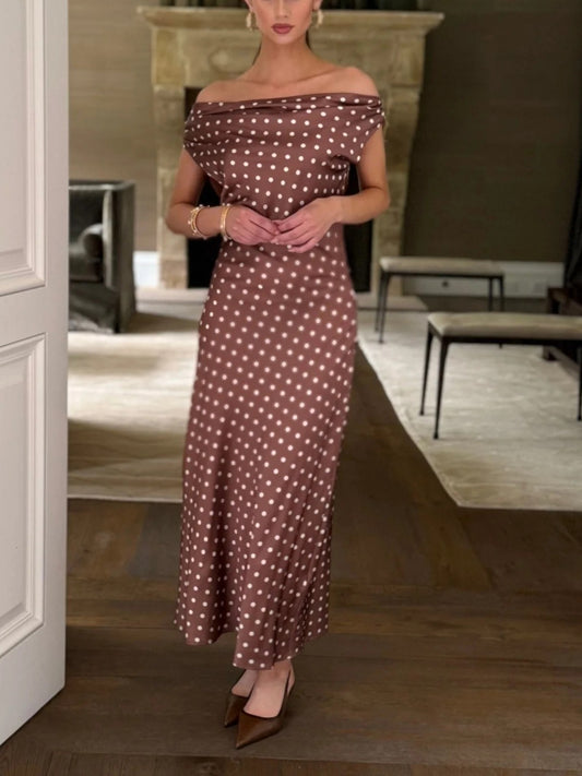 Chocolate Polka Dot Off The Shoulder Maxi Dress