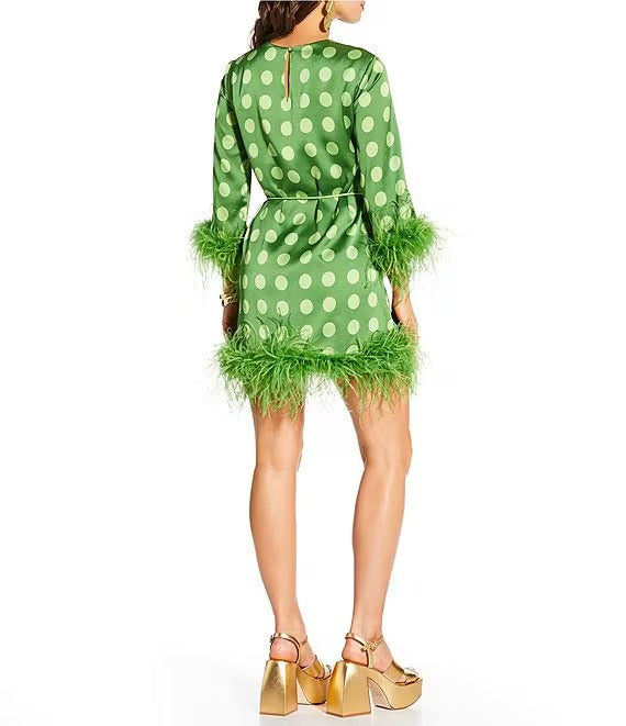 Printed Satin Polka Dot Feather Belted Shift Dress