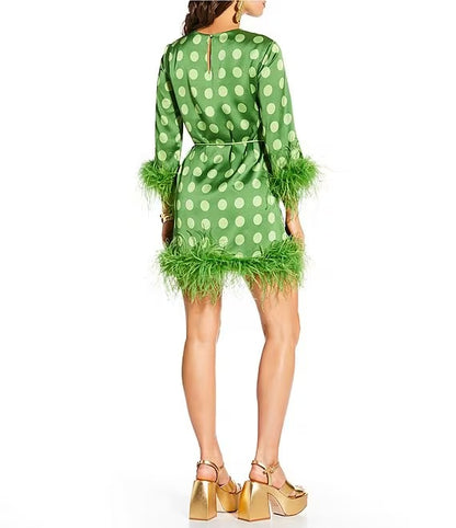 Printed Satin Polka Dot Feather Belted Shift Dress