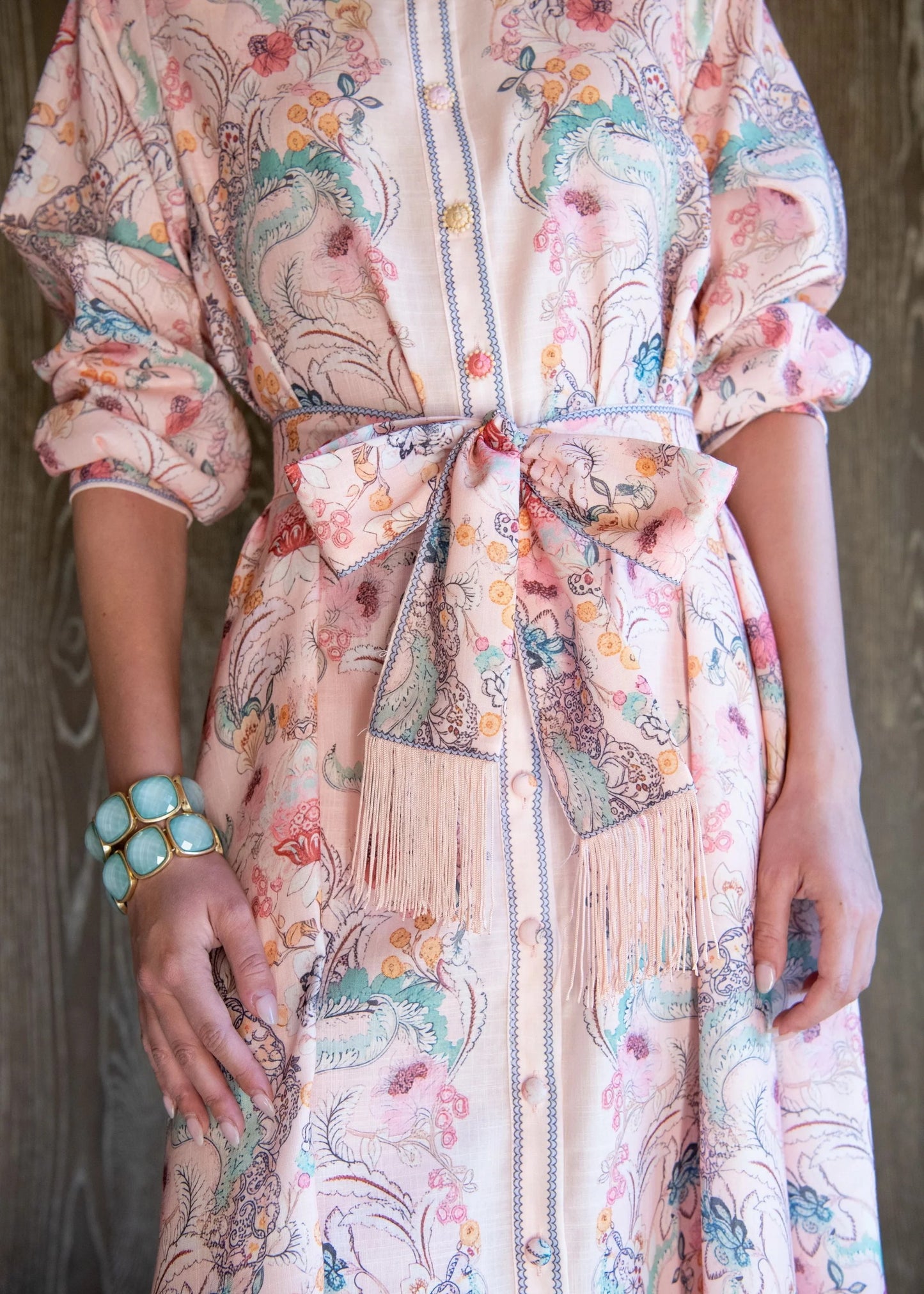 Long Sleeve Floral Maxi Dress with Belted Fringe Waist