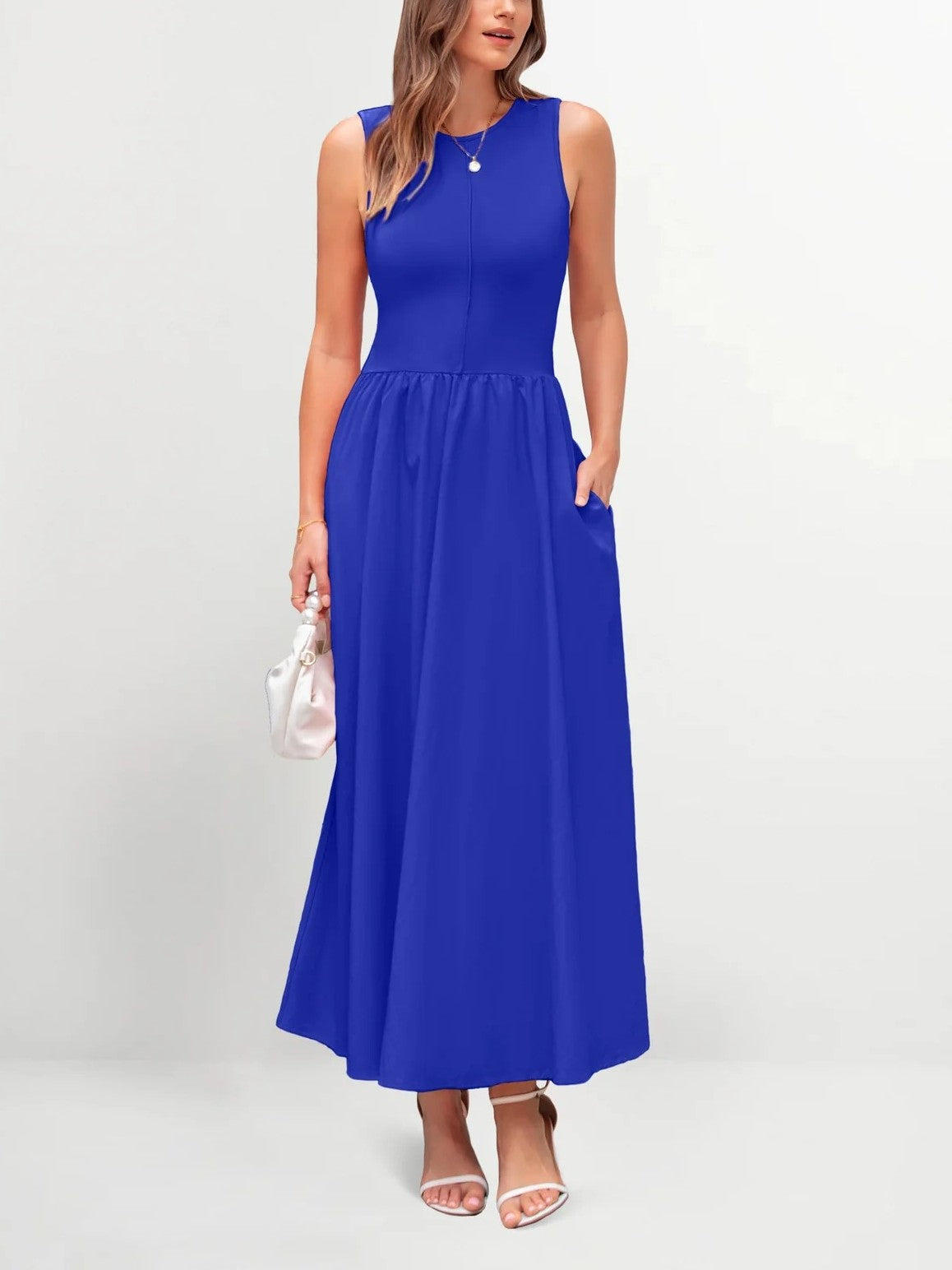 Mixed Media Cotton Blend Sleeveless Midi Dress