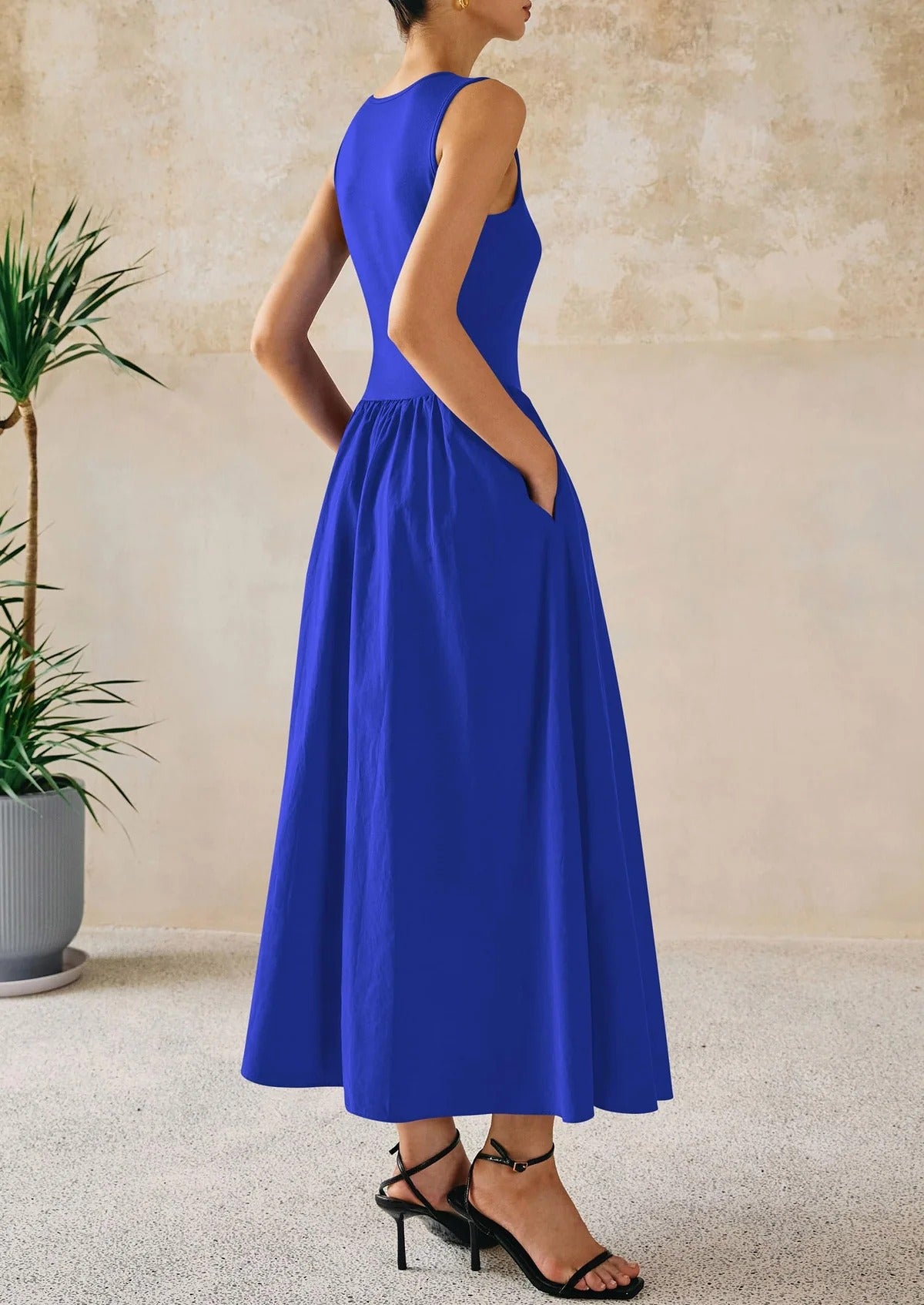 Mixed Media Cotton Blend Sleeveless Midi Dress