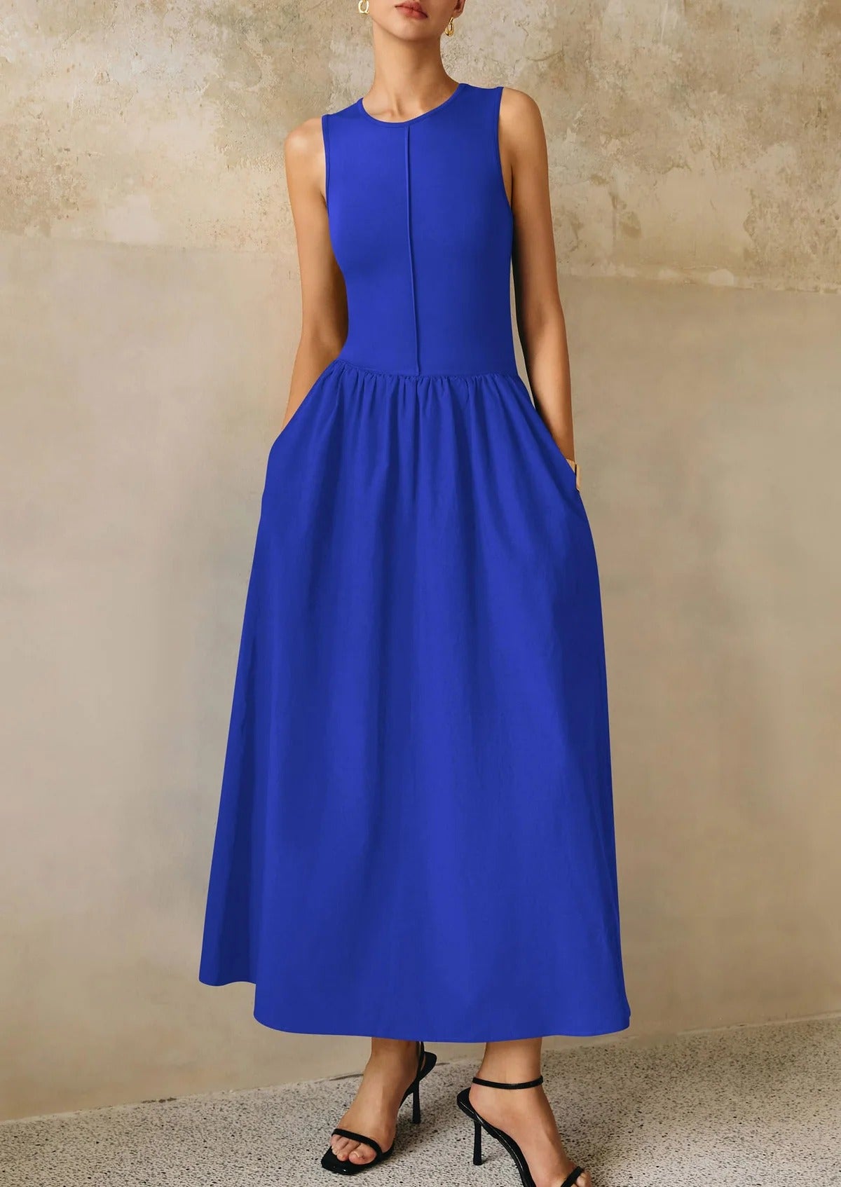 Mixed Media Cotton Blend Sleeveless Midi Dress