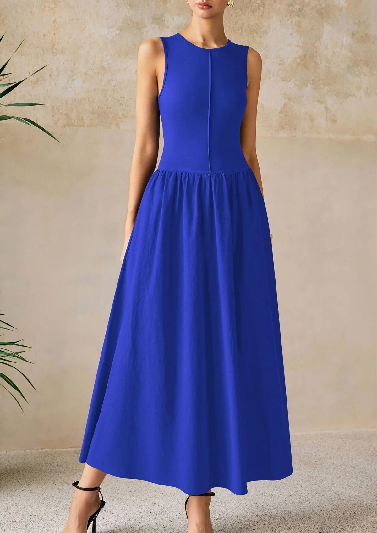Mixed Media Cotton Blend Sleeveless Midi Dress