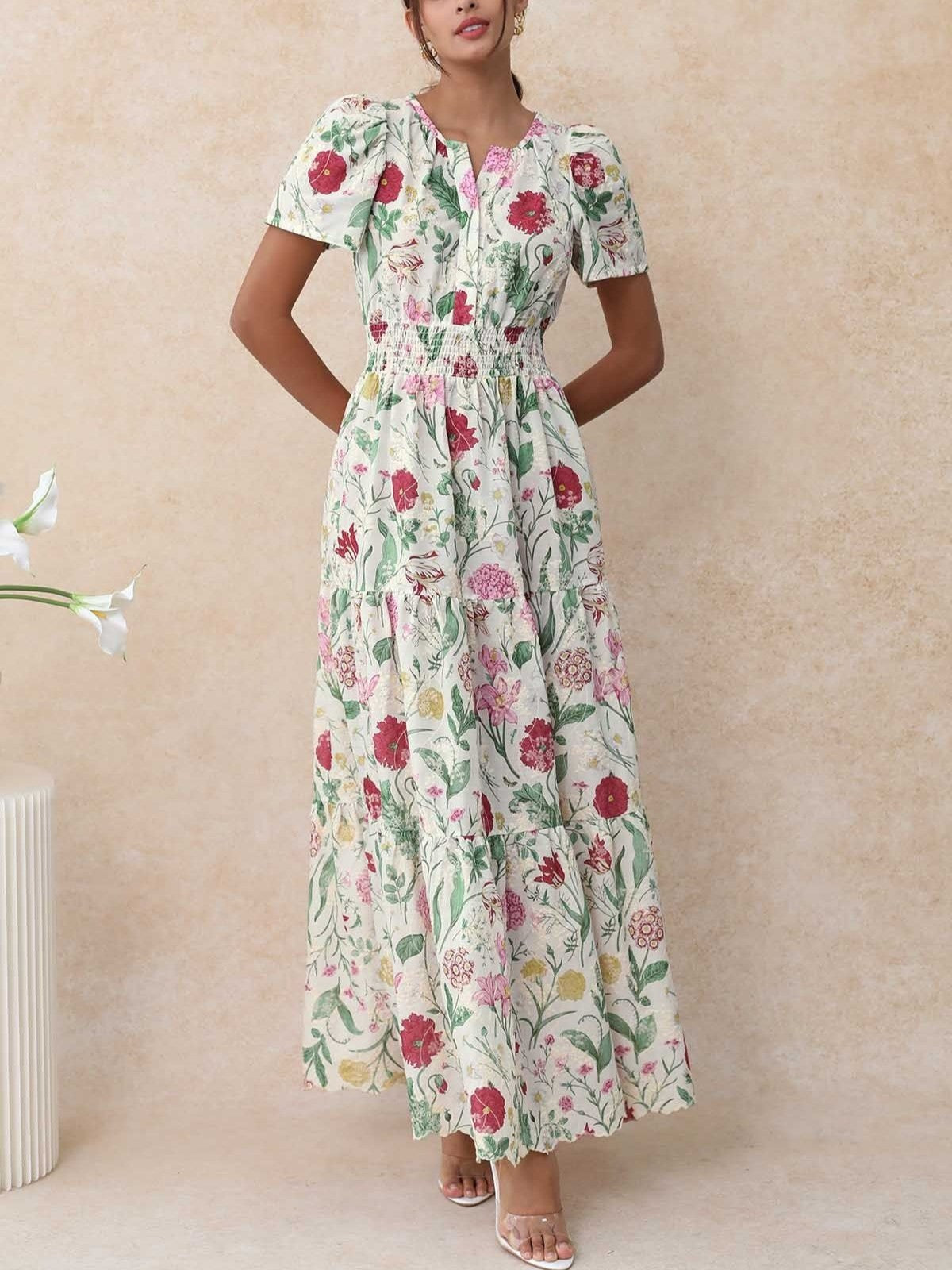 Ebullient Flower Embroidered Frilling Maxi Dress
