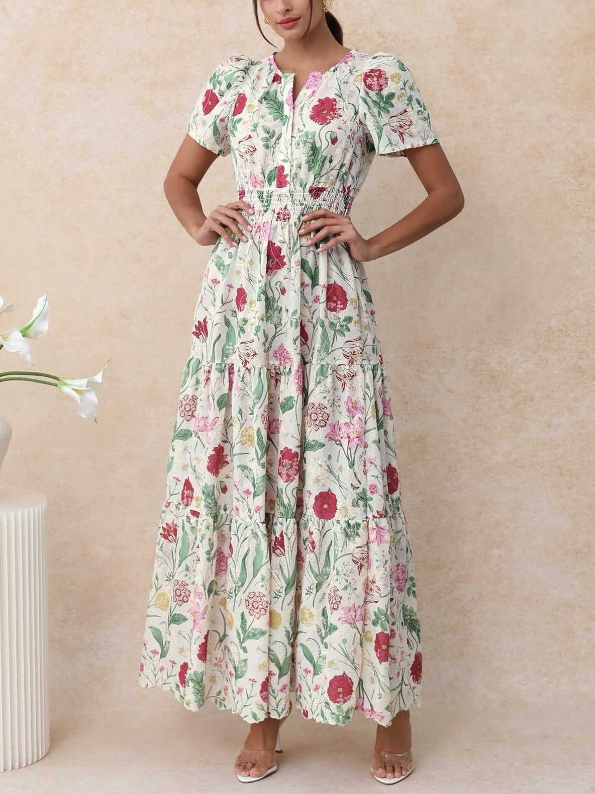 Ebullient Flower Embroidered Frilling Maxi Dress