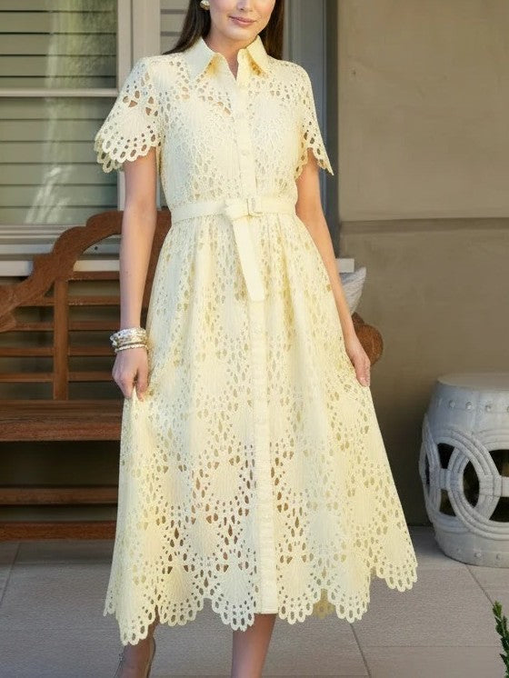 Robin Belted Short Sleeve Lace Midi Dress