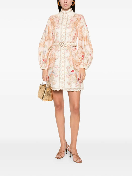 ZIMMERMANN Daylight belted scalloped printed linen mini dress
