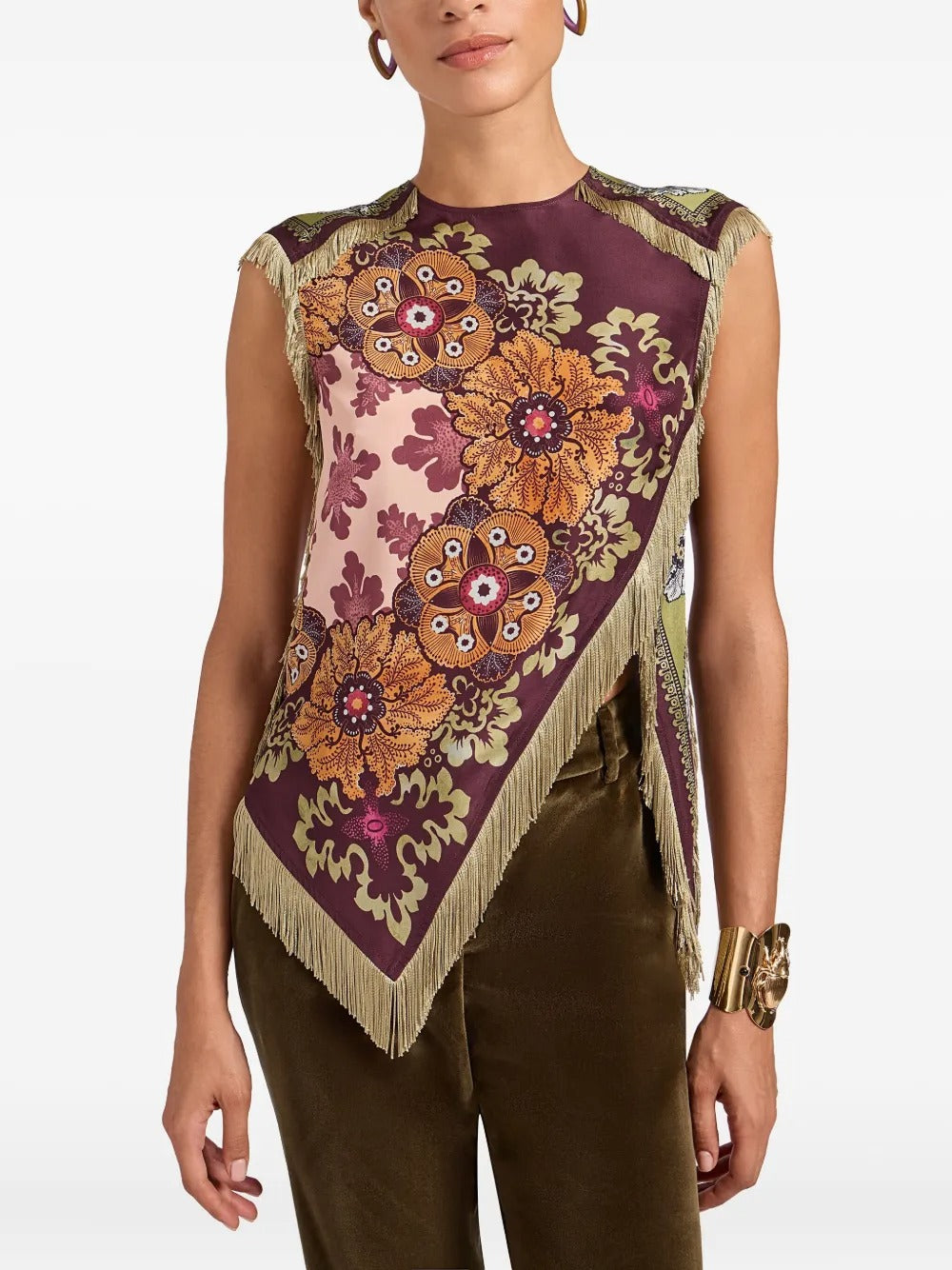 Stunning Floral Print Asymmetric Tassel Trim Scarf Top