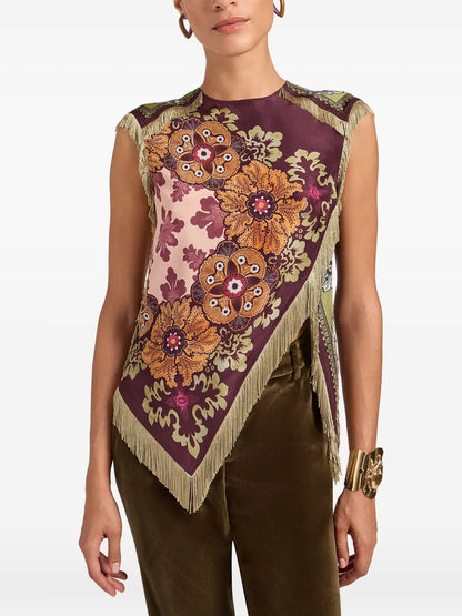 Stunning Floral Print Asymmetric Tassel Trim Scarf Top