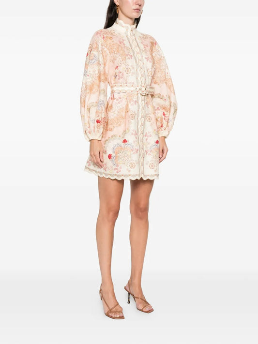 ZIMMERMANN Daylight belted scalloped printed linen mini dress