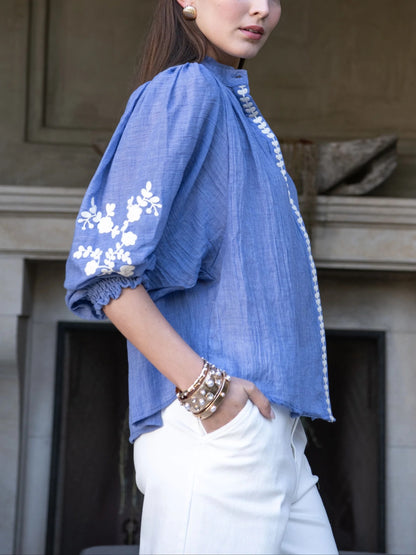 Marjorie Mock Neck Long sleeve Top with Embroidery