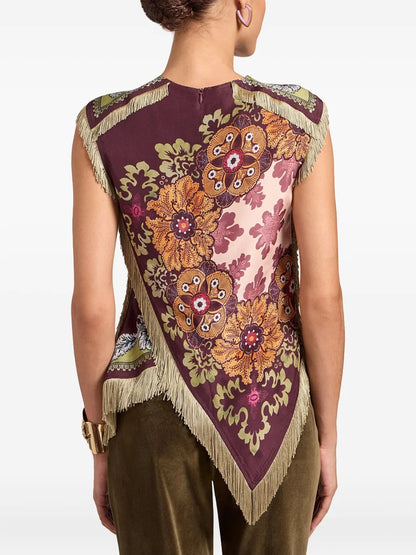 Stunning Floral Print Asymmetric Tassel Trim Scarf Top