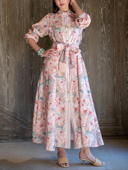 Long Sleeve Floral Maxi Dress with Belted Fringe Waist