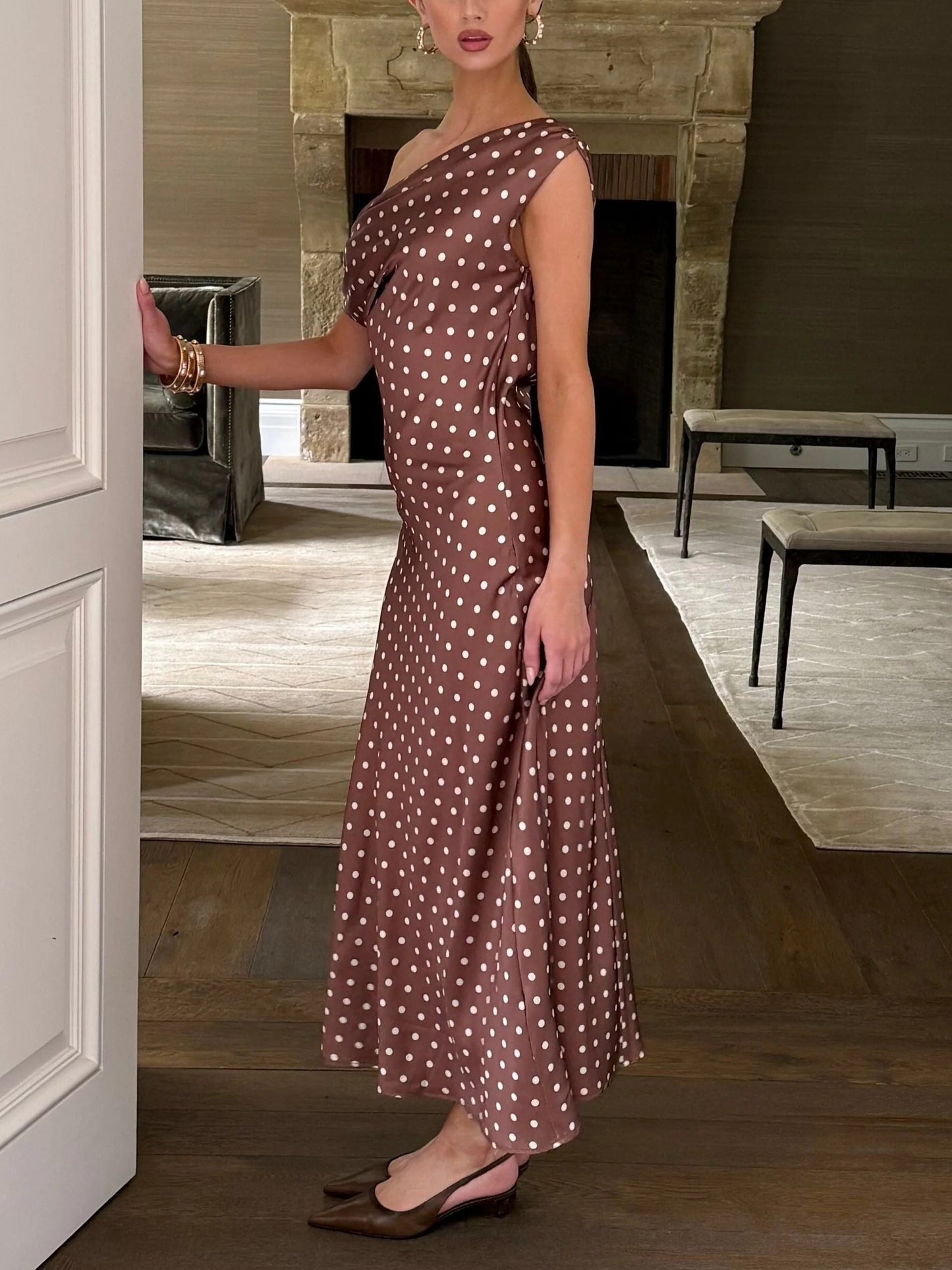 Chocolate Polka Dot Off The Shoulder Maxi Dress