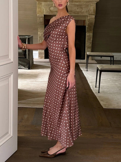 Chocolate Polka Dot Off The Shoulder Maxi Dress