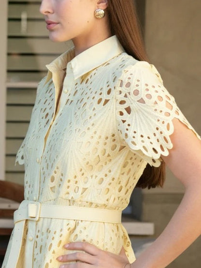 Robin Belted Short Sleeve Lace Midi Dress