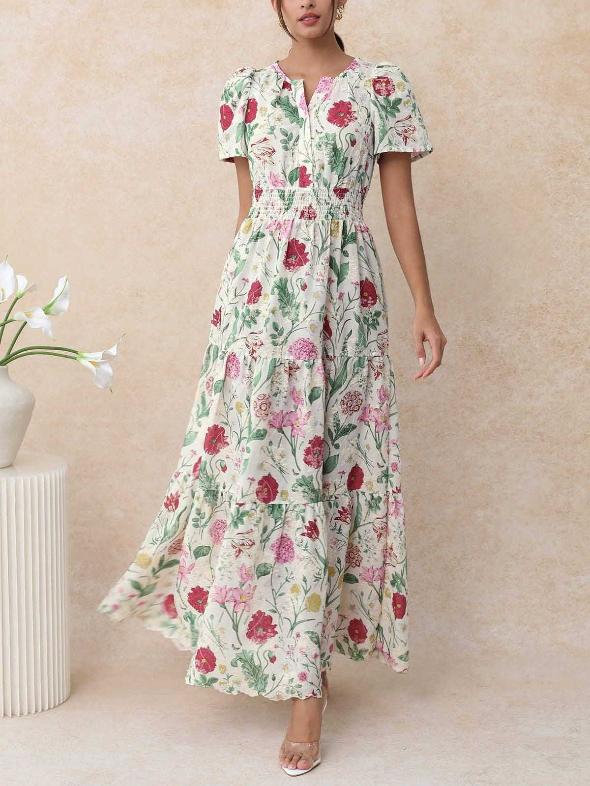 Ebullient Flower Embroidered Frilling Maxi Dress