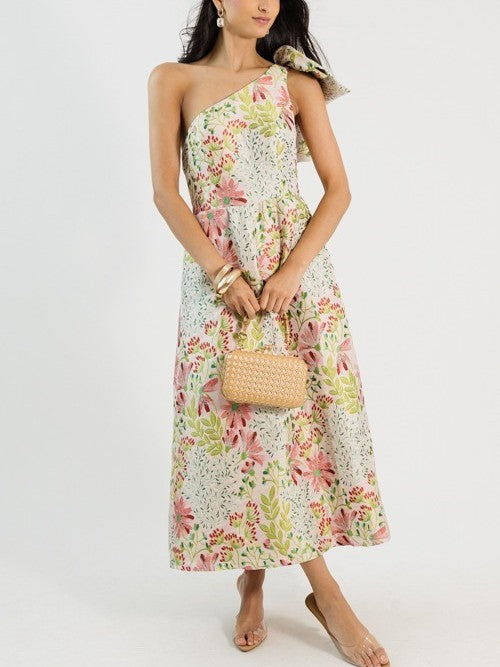 Bow Shoulder Jacquard Midi Dress