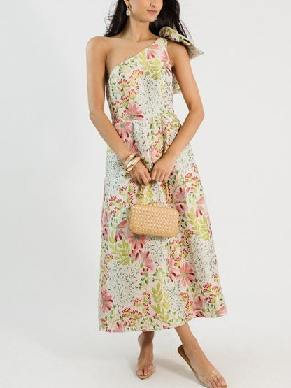 Bow Shoulder Jacquard Midi Dress
