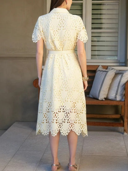 Robin Belted Short Sleeve Lace Midi Dress