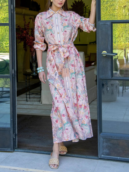 Long Sleeve Floral Maxi Dress with Belted Fringe Waist