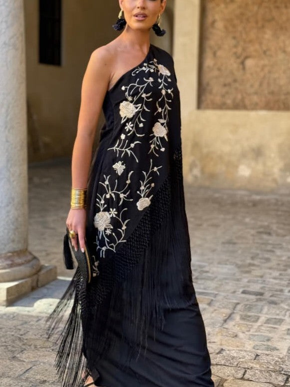 Floral Embroidered Fringe Maxi Dress