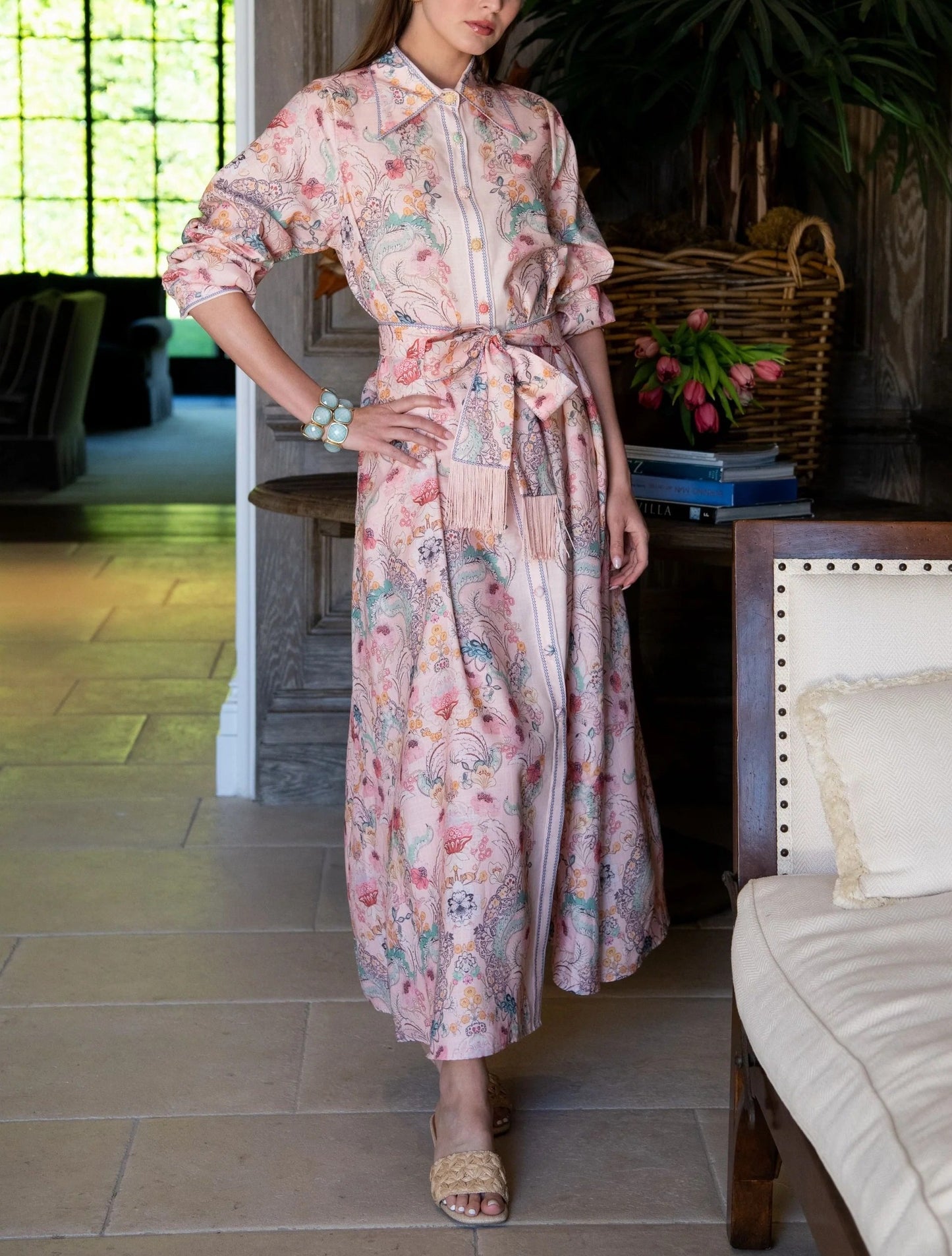 Long Sleeve Floral Maxi Dress with Belted Fringe Waist