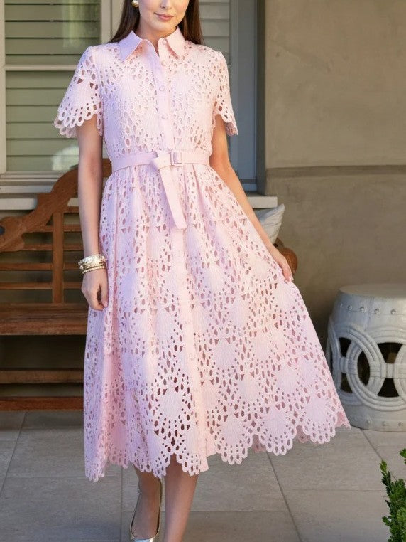 Robin Belted Short Sleeve Lace Midi Dress