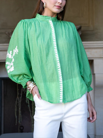 Marjorie Mock Neck Long sleeve Top with Embroidery